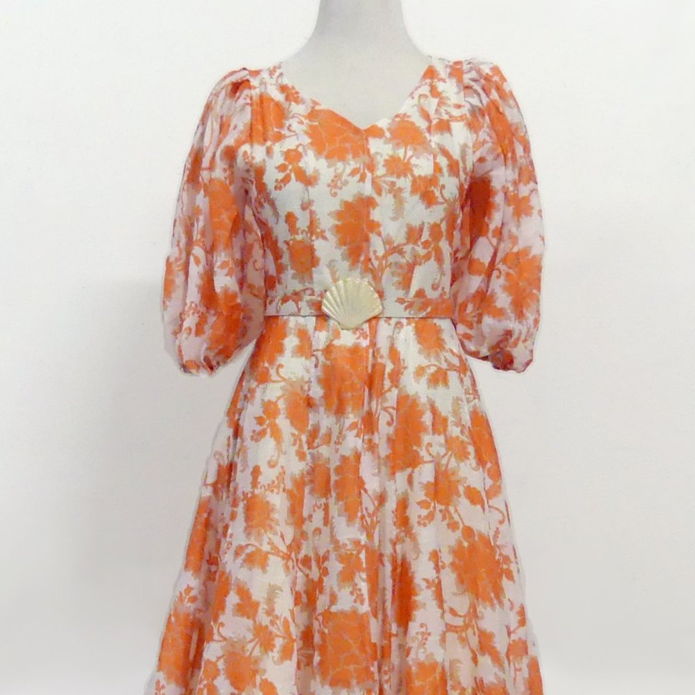 Zimmermann Style Postcard Orange Linen Silk Mini Dress Puff Sleeves